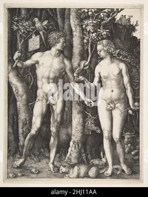 Adam et Eve 1504 Albrecht Dürer Allemand tout au long de sa vie, Dürer était dans l'idée que la forme humaine parfaite correspondait à un système de proportion et de mesures et pourrait être générée par l'utilisation d'un tel système.Vers la fin de sa vie, il a écrit plusieurs livres codifiant ses théories, y compris le Underweysung der Messung (Manuel de mesure), publié en 1525, et Vier Bücher von menschlichen proportion (quatre livres de proportion humaine), publié en 1528 juste après sa mort.La fascination de Dürer pour la forme idéale se manifeste dans Adam et Eve.Le premier homme et la première femme sont illustrés à la Banque D'Images