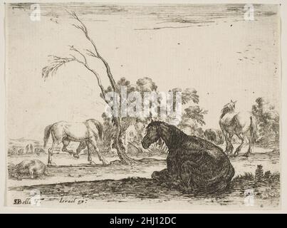 Assiette 8: Un cheval assis à droite, vu de l'arrière-plan et tourné à gauche, trois autres chevaux au milieu du sol, un arbre au centre, de 'diversity Figuress' (agrable diversité des figures) 1642 Stefano della Bella Italian.Planche 8: Un cheval assis à droite, vu de l'arrière-plan et tourné à gauche, trois autres chevaux au milieu du sol, un arbre au centre, de 'diversity Figuress' (agréable diversité de figures).« diversity Figures » (divers chiffres).Stefano della Bella (italien, Florence 1610–1664 Florence).1642. Gravure; quatrième état de cinq (de Vesme).Israël Henriet (français, Nancy ca.1590 Banque D'Images