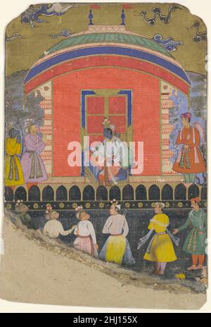 'Rama reçoit Sugriva et Jambavat, le singe et l'ours Rois', Folio d'un Ramayana ca.1605 la victoire du prince Rama sur le roi démon Ravana a été gagnée avec l’aide des armées de singes et d’ours.Ici, le Rama à la peau bleue est assis devant un pavillon incurvé avec les rois de singe et d'ours, Sugriva et Jambavat, qui se tiennent devant lui avec les mains pliées.La page provient d'une copie du Ramayana probablement fait pour le courtier moghal Bir Singh DEO de Datia.'Rama reçoit Sugriva et Jambavat, le singe et l'ours Rois', Folio d'un Ramayana. CA.1605. Encre, aquarelle opaque et or sur p Banque D'Images