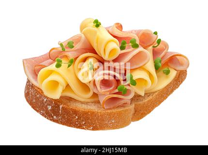 Pain avec tranches de jambon et de fromage isolées sur fond blanc Banque D'Images