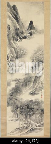 Dawn brumeux au Seashore 19th Century Okada Hankō Japanese cette image douce et sans prétention dépeint un village de bord de mer à l'aube tandis que la brume se dissipe progressivement des montagnes et des arbres.L'érudit solitaire au bas de la composition semble marcher vers, pas loin de, le spectateur, une anomalie dans une peinture par ailleurs liée à la tradition qui dépeint une gorge étroite et un petit port dans une composition verticale fortement croissante.Hankō, fils et élève d'Okada Beisanjin,a grandi dans le cercle lettré autour de son père.Gagnant leur vie comme marchands de riz, Hankō et son père pouvaient dépérir Banque D'Images