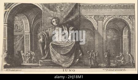 Royaume de Juno 1646 Venceslaus Hollar Bohemian Juno assis sur un grand trône avec tapisserie derrière, portant une robe brodée et un manteau en fourrure et tenant le sceptre dans sa main droite, penché légèrement vers la gauche; les hommes au travail sous les voûtes en arrière-plan; après Elsheimer.La peinture était dans la collection Arundel mais est maintenant perdue (voir K. Andrews, 'Adam Elsheimer:peintures-dessins-empreintess', Oxford 1977, sous le no22)..Royaume de Juno 360738 Banque D'Images