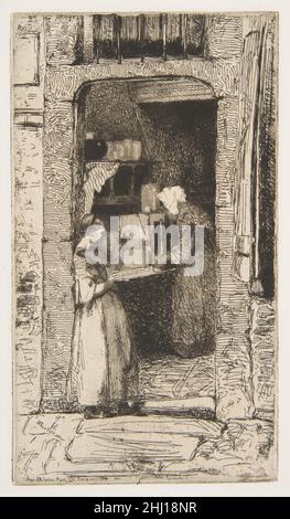 La Marchande de moutarde 1858 James McNeill Whistler American après avoir visité Cologne au cours d'une visite été-automne en 1858, Whistler a créé cette image d'un vieux vendeur de moutarde qui arrange des pots dans un intérieur sombre, alors qu'un jeune assistant penche contre le montant de porte.Il établit ici une formule à laquelle il revient souvent, en utilisant une entrée ouverte pour encadrer un intérieur de recul contenant des figures et des objets qui font référence à une activité et à un lieu particuliers.L’une des gravures les plus complexes de Douze eaux-fortes d’après nature (douze gravures de la nature), Whistler, a fondé sa composition sur des dessins Banque D'Images