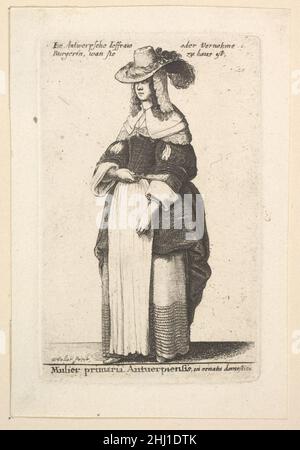 Mulier primaria Antuerpiensis, in ornatus domestica (Gentlewoman of Antwerp in Domestic ornment) 1648 (réimprimé en 1816) Venceslaus Holar Bohemian Une jeune femme d'Anvers debout à gauche, regardant vers le spectateur, tenant un fan dans sa main droite;portant un chapeau à large bord plumé sur un voile à dentelle, un col sur un corsage, un tablier, une robe retournée à l'avant et une jupe avec une large bordure rayée ; deuxième état, avec un peu de travail et la date effacée.Mulier primaria Antuerpiensis, in ornatus domestica (Gentlewoman of Antwerp in Domestic ornment) 361504 Banque D'Images