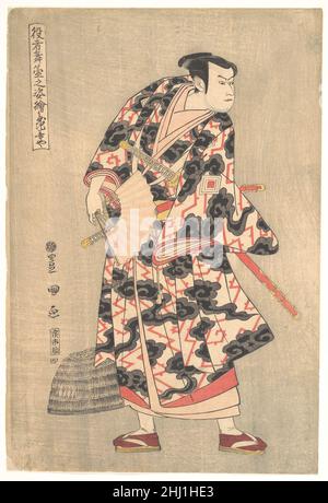 L'acteur Ichikawa Yaozo III dans le rôle de Fuwa Banzaemon de la pièce 'Ukiyozuka hiyoku no inazuma' 1774 Utagawa Toyokuni Japanese Ichikawa Yaozo III (1747–1818), un étudiant de Danjūrō V, est montré dans le rôle de Fuwa Banzaemon,Qui est un rival de Nagoya Sanza pour l'amour des mêmes femmes.Yaozo porte une robe « tonnerre », un motif saisissant de foudre et de nuages, ornée de la crête des trois carrés imbriqués.Son chapeau de paille repose sur le sol derrière lui.Toyokuni a ajouté des touches de couleur délicates à cet imprimé audacieux, comme le bleu clair pour les détails des yeux et de la barbe de Banzaemon et l Banque D'Images