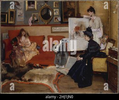 Dans le Studio 1888 Alfred Stevens belge les beaux sitters, l'art le long des murs, le portfolio ouvert, et le miroir proéminent symbolisent la pratique artistique de Stevens, qui a été célébré pour ses représentations de femmes chic et de charme.Sur le chevalet se trouve sa peinture du tentress biblique Salomé (Musées Royaux des Beaux-Arts de Belgique, Bruxelles).Les protagonistes féminins de In The Studio constituent un contrepoint au monde de l'art français dominé par les hommes, qui présentait de nombreuses barrières aux artistes féminins, et en particulier à ceux qui entreprennent des sujets figuraux ambitieux.Stevens a encouragé la carrière d'un num Banque D'Images