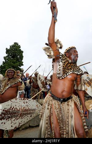 Zulu Warriors dans leur robe traditionnelle rencontre le prince Charles et la duchesse de Cornouailles le 22nd juillet 2019 à Llanelwedd Banque D'Images