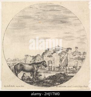 Assiette 12: Un berger dormant sur le sol à droite, trois chevaux à gauche, d'autres chevaux et diverses figures à droite, les bains de Dioclétien en arrière-plan, une composition ronde, de 'paysages romains et ruines' (Paysages et ruines de Rome) ca.1643–48 Stefano della Bella Italien.Assiette 12: Un berger dormant sur le sol à droite, trois chevaux à gauche, d'autres chevaux et diverses figures à droite, les bains de Dioclétien en arrière-plan, une composition ronde, de 'paysages romains et ruines' (Paysages et ruines de Rome) 413363 Banque D'Images