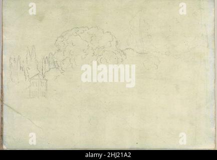 Paysage avec des arbres et une tour (petit carnet d'esquisses italien, feuille 15 recto) 1774–75 (?)Joseph Wright (Wright de Derby) Anglais.Paysage avec des arbres et une tour (petit carnet d'esquisses italien, feuille 15 recto) 405738 Banque D'Images
