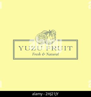 Yuzu avec un modèle de symbole, de logo, de symbole et de vecteur abstrait de tranche.Dessin à la main de Citrus fruits Sillimugimen avec élégant rétro Typographie et cadre Illustration de Vecteur