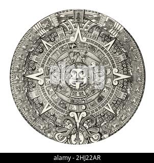 Télécopie de l'ancienne pierre de calendrier Aztec trouvée à Mexico, 1790 Banque D'Images