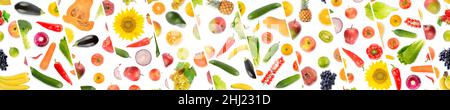 Panorama des collections légumes et fruits utiles séparés par des lignes obliques sur fond blanc. Banque D'Images