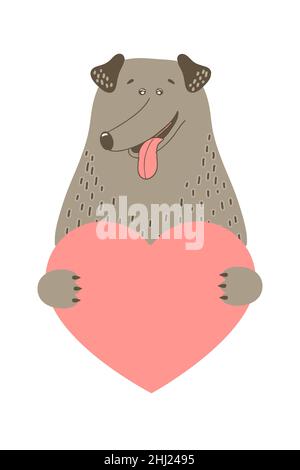 Mignon chien dessin animé chiot animal tient une enseigne coeur avec espace de copie. Mettre en place Saint Valentin carte de voeux bannière invitation brochure circulaire. Dessin animé à la main style.Petits animaux animaux animaux de compagnie dans l'amour, déclaration d'amour. Illustration de Vecteur