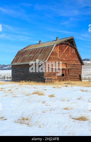 ancienne grange en hiver près de jens, montana Banque D'Images