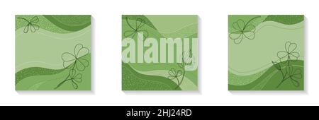 Ensemble d'illustrations carrées vectorielles pour les médias sociaux.Feuilles et fleurs de trèfle. Illustration de Vecteur