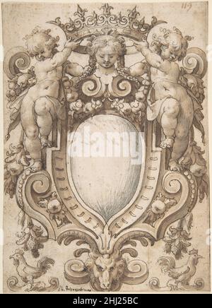 Armoiries (vierges) avec deux Putti tenant une couronne 17th Century Anonyme, allemand, 17th Century German Design pour un blason.Le compartiment central a été laissé vide.La conception se caractérise par deux putti, debout sur des rouleaux de strapwork et tenant une grande couronne sur un buste femelle sur le manteau des bras.Au-dessous du blason se termine un masque en forme d'animal qui est flanqué de deux coqs, représentés du côté.Armoiries (vierges) avec deux Putti tenant une couronne 383303 Banque D'Images