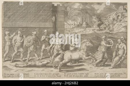 Le combat d'Hector et d'Achille, et d'Achille traînant le corps d'Hector autour des murs de Troy 1531–76 Giulio Bonasone italien.Le combat d'Hector et d'Achille, et d'Achille traînant le corps d'Hector autour des murs de Troie 363062 Banque D'Images