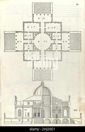 Villa Almerico (Villa Rotunda), de I quattro libri dell'Architettura di Andrea Palladio (Livre 2, page 19) 1570 Andrea Palladio une des villas les plus connues et souvent copiées de la Renaissance, la Villa Americo (1566–69), construite à l'origine pour Monsignor Paolo Americo et complétée par Vincenzo Scamozzi,Elle donne toujours sur les vignobles et les terres agricoles à l'extérieur de Vicenza.Suivant les préceptes décrits par Alberti dans de re aedificatoria (première édition, 1485) et à son tour basé sur les théories classiques de Vitruvian, la villa est magnifiquement perchée sur une colline, son apparence rappelant un temple grec ra Banque D'Images