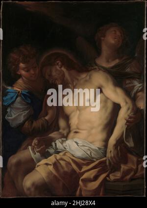 Christ mort soutenu par les Anges ca.1710 Francesco Trévise Italien Trévise, d'origine vénitienne, a passé la majeure partie de sa vie à Rome, travaillant pour la cour papale.Il a décrit le sujet du corps du Christ tenu par les anges à plusieurs reprises, surtout pour le Pape Clément XI, et pour le neveu papal le Cardinal Pietro Ottoboni.Cette toile peut être celle commandée en 1707 par Giovanni Fonticelli, un ami de l'artiste.Christ mort soutenu par les Anges.Francesco Trevisani (italien, Capodistria 1656–1746 Rome). Env.1710. Huile sur toile.Peintures Banque D'Images