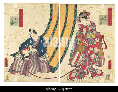 Parodie de la troisième Princesse et Kashiwagi : « Chapitre 50 :Une cabane dans les provinces de l’est » 1858, deuxième mois Utagawa Kunisada Japonais par ses illustrations d’Un Genji rustique frauduleux de Murasaki, de copies monofeuilles, de triptyques et de diptychs, Utagawa Kunisada a été plus prolifique que tout autre artiste ukiyo-e dans la création d’imprimés sur le thème de Genji.Cette paire d'estampes est trente-septième dans un groupe de trente-huit diptychs de la série Impressions durables d'une Collection Genji tardive (Genji goshū yojō), publiée entre 1857 et 1861.Le plus complexe et visuellement satisfaisant de la génération de Kunisada Banque D'Images