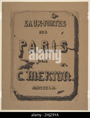 Gravures de Paris; page de titre de la suite 1852 Charles Meryon Français Charles Meryon a été célébré parmi les artistes et les collectionneurs au dix-neuvième siècle pour ses représentations gravées de Paris.Ces œuvres ont combiné un regard documentaire sur la capitale française, qui était alors en train de subir une transformation spectaculaire d'une ville médiévale à une ville résolument moderne, avec des détails fantastiques qui allaient du fantaisiste à la morbide.Son premier et meilleur album, eaux-fortes-sur-Paris, comprend vingt-deux vues urbaines inspirées des romans et de la poésie de Victor Hugo (1802-1885).Cette page de titre a ouvert les Banque D'Images