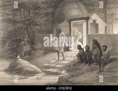 Pèlerins hindous sur les rives de la rivière Bhagirathi, Gangotri, district d'Uttarkashi, Uttarakhand, Inde,1845, par le prince Waldemar de Prusse Banque D'Images