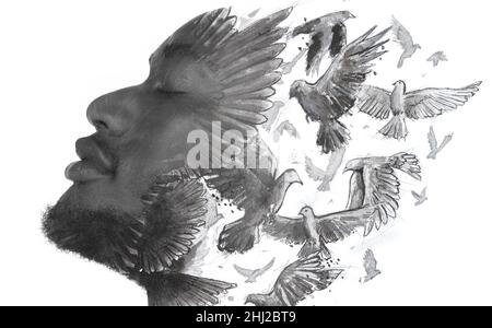 Peinture.Portrait de profil d'un homme combiné à une peinture d'oiseaux. Banque D'Images