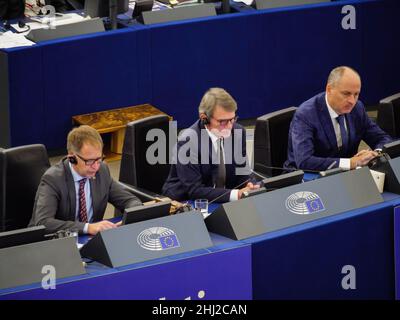 Strasbourg, France - 18 décembre 2019 : le président du Parlement européen, David Sassoli, sur la tribune lors de la session plénière Parlement européen Banque D'Images