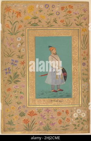 'Portrait de Qilich Khan Turani', Folio de l'album Shah Jahan recto: Ca.1640; verso: env.1530–50 peinture par la'lchand le gardien du portrait était gouverneur de Lahore, et devint plus tard gouverneur de Kaboul et Kandahar après que ce dernier ait été capturé des Safavides d'Iran en 1637–38.De nombreux portraits des nobles qui ont servi sous Jahangir et Shah Jahan ont été rassemblés dans cet album; typique est le positionnement de la figure contre un sol vert Uni et l'utilisation de la vue de profil.'Portrait de Qilich Khan Turani', Folio de l'album Shah Jahan 451277 Banque D'Images