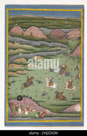 Maharaana Amar Singh II ou Sangram Singh chasse au sanglier 19th siècle Inde occidentale, Rajasthan, Udaipur ce tableau, qui dépeint l'un des deux dirigeants éminents de la cour de Mewar dans la fin du XVIIe et début du XVIIIe siècle, est probablement un travail du XIXe siècle dans un style archaïque.C'est néanmoins le travail d'un peintre accompli, dans lequel les chasseurs équestres latent leur proie avec des lances et l'arc et la flèche tandis que les batteurs conduisent plus de sangliers dans le centre du champ.L’entourage du souverain est dissimulé devant un hilalock, avec le palanquin et le standard à la disposition.Maharaana Amar Sing Banque D'Images