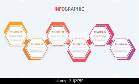 Schéma rouge, modèle d'infographie.Chronologie avec 6 étapes.Processus de flux de travail en nid d'abeille pour l'entreprise.Conception vectorielle. Illustration de Vecteur