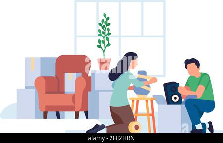 Déménagement de la famille.Homme et femme emballant des matériaux en papier pour le déplacement Illustration de Vecteur