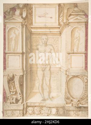 Étude d'une figure dans une niche (Saint Ambrose; recto); études architecturales: Quatre conceptions alternatives pour les niches fictives et un design sans rapport avec les Garlands (verso), ca.1560-67 1564–65 Giuseppe Arcimboldo Italien l'attribution à Arcimboldo du dessin du Metropolitan Museum a d'abord été suggérée par Giulio Bora (cité dans le catalogue de vente de Christie, Londres, 4 juillet 1995, lot 37;Voir aussi Bora 1998 avec ses lieux énumérés comme 'già a Londra'), et a été récemment réaffirmé par Giuseppe Cirillo, car il est tout à fait convaincant sur la base du style, des preuves techniques, et du contexte des documents h Banque D'Images