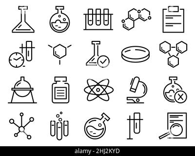 Ensemble d'icônes de chimie plate.Pictogramme de laboratoire scientifique pour le Web.Trait.Symboles chimiques labratoires isolés sur fond blanc.Vecteur eps10 Banque D'Images