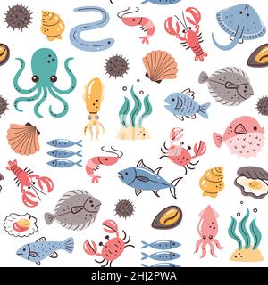 Motif de fruits de mer sans coutures.Poissons, algues et crustacés.Illustration des ingrédients alimentaires pour la cuisson.Ingrédients colorés isolés dessinés à la main sur la ba blanche Illustration de Vecteur