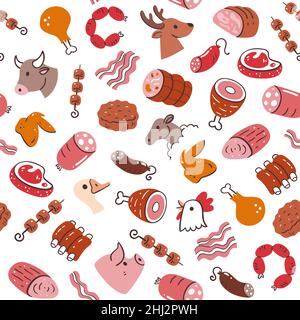 Motif sans couture pour la viande.Morceaux de viande et produits à base de viande.Illustration des ingrédients alimentaires pour la cuisson.Ingrédients colorés isolés dessinés à la main sur blanc Illustration de Vecteur