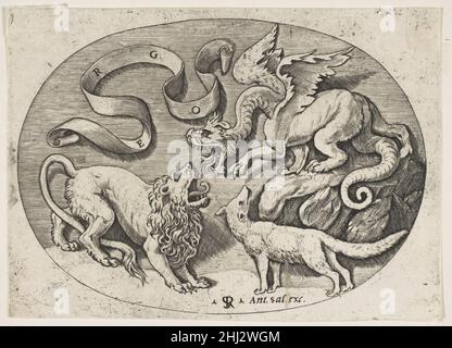 Un lion, un dragon et un renard se battant, un bandérole inscrit au-dessus, une composition ovale ca.1515–27 Marco Dente Italien.Un lion, un dragon et un renard se battant, un bandérole inscrit au-dessus, une composition ovale 342510 Banque D'Images