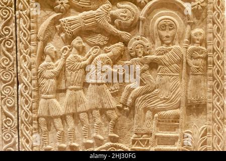 Autel de Ratchis, soulagement, adoration des Magi, Magi, mère de Dieu sur le trône avec Jésus, Museo Cristiano, Cividale del Friuli, Friuli Venezia Banque D'Images