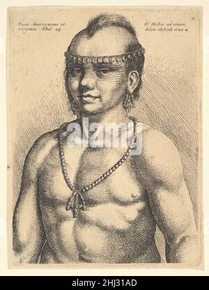 Unus americanus ex Virginia (un américain de Virginie) 1645 Venceslaus Hollar Bohemian Portrait d'un autochtone américain avec la partie supérieure de son visage tatouée.Il ne porte pas de vêtements mais est orné d'un cercle de dents autour de son front et d'un collier et boucles d'oreilles faits de perles et de coquillages.Unus americanus ex Virginia (un américain de Virginie) 361737 Banque D'Images