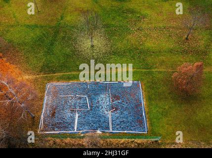 Tir de drone, arbres décidus de couleur automnale avec terrain de Beach-volley couvert, d'en haut, Zell am Moss am Irrsee, Salzkammergut, haute-Autriche Banque D'Images