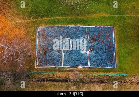 Tir de drone, arbres décidus de couleur automnale avec terrain de Beach-volley couvert, d'en haut, Zell am Moss am Irrsee, Salzkammergut, haute-Autriche Banque D'Images