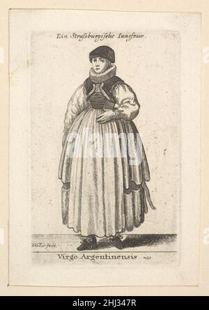 Virgo Argentinensis (femme non mariée de Strasbourg) 1644 (réimprimée en 1816) Venceslaus Hollar Bohemian Une jeune femme de Strasbourg marchant vers la gauche en direction du spectateur, sa main gauche sur son ventre;porter un gilet court à fourrure, une casquette foncée, une robe de costume à revers foncé sur un corsage, un tablier sur deux jupes, le plus long avec un bord en fourrure et des chaussures attachées avec un ruban.Virgo Argentinensis (femme non mariée de Strasbourg) 361502 Banque D'Images