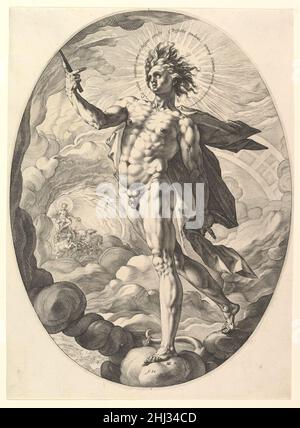 Apollo 1588 Hendrick Goltzius Netherlandish l'élégante figure d'Apollo avance sur une rangée de nuages tourbillonnants.Le soleil les cheveux de dieu se lève dans l'air comme des flammes.L'inscription, qui serait habituellement en ligne droite au bas de l'imprimé, entoure ici la tête d'Apollon comme un halo.Un tel jeu de bravura sur les conventions de la gravure est une marque de fabrique du style manneriste de Goltzius.Cette gravure est l'une de ses premières expositions de ce que l'on appelle le style bulbeux, caractérisé par une exagération non naturelle de la musculature accentuée par l'enflure du graveur et les lignes de tapisseries qui tournent avec Banque D'Images