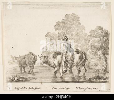 Assiette 2: Une paysanne harde deux vaches à travers un ruisseau, en marchant vers la gauche, de 'Diversi capricci' ca.1644–47 Stefano della Bella Italien.Assiette 2: Une paysanne harde deux vaches à travers un ruisseau, marchant vers la gauche, de 'Diversi capricci' 376292 Banque D'Images