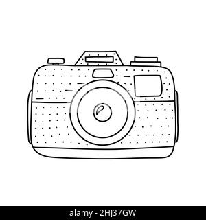 Illustration vectorielle dessinée à la main d'une caméra de voyage.Illustration mignonne de l'icône de l'appareil photo sur fond blanc Illustration de Vecteur