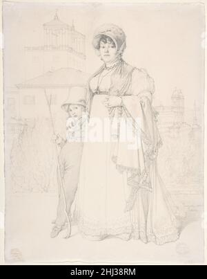 Madame Guillaume Guillon Léthière, née Marie-Joseph-Honorée Vanzenne, et son fils Lucien Léthière 1808 Jean Auguste Dominique Ingres Français retraité de l'Académie française de Rome, Ingres a réalisé des portraits de ses amis et collègues, dont au moins dix portraits de la famille de Guillaume Léthière, son directeur,qui date de 1808 à 1818.Ce double portrait de la femme et du jeune fils de Léthière se trouve dans le jardin de la Villa Medici, siège de l'Académie française (son palais est visible à gauche).Dessiné en 1808, il est l'un des premiers portraits d'Ingres avec un v Banque D'Images
