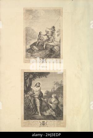 Feuille d'Aedes Walpolianae montée de deux estampes: A): Trois soldats; b): Christ apparaissant à Marie dans le jardin 18th–19th siècle Richard Earlom British.Feuille d'Aedes Walpolianae montée de deux estampes: A): Trois soldats; b): Christ apparaissant à Marie dans le jardin 353860 Banque D'Images