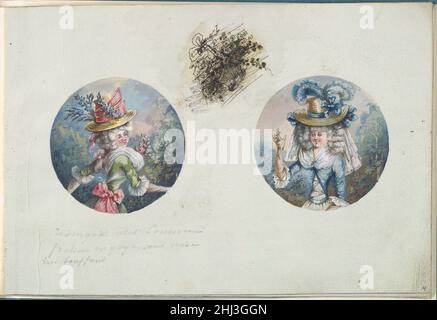 Deux dessins de costume ou types de portrait de deux femmes avec des chapeaux de paille ca.1785–90 Anonyme, Français, 18th Century French page avec deux portraits ronds.Le portrait de gauche montre une femme tournant vers la droite.Elle porte une robe à corset vert avec un ruban rose attaché à la taille.Elle a un grand chapeau de paille avec des fleurs bleues et un ruban rose enroulé autour de lui.Le portrait de droite montre la vue frontale d'une femme, légèrement inclinée vers la gauche.Elle porte un corset bleu et une jupe blanche.Elle a un chapeau de paille avec des plumes bleues et un voile blanc.Entre les deux portraits se trouve un croquis de Banque D'Images