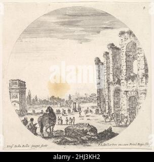 Plaque 9: L'Arc de Constantine à gauche, vue de côté, partie du Colisée à droite, divers chevaux et figures en premier plan et en arrière-plan, une composition ronde, de 'paysages romains et ruines' (Paysages et ruines de Rome) ca.1643–48 Stefano della Bella Italien.Assiette 9: L'Arche de Constantine à gauche, vue de côté, partie du Colisée à droite, divers chevaux et figures en premier plan et en arrière-plan, une composition ronde, de 'paysages romains et ruines' (Paysages et ruines de Rome) 413368 Banque D'Images