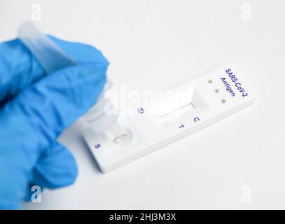 Man réalise une macro de test pcr de l'antigène covid-19.Le test a montré un résultat positif. Banque D'Images